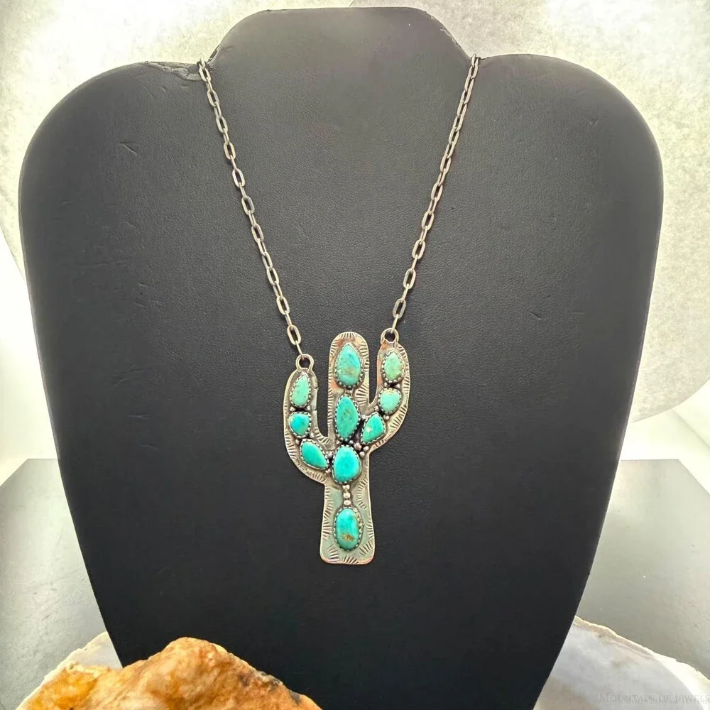 Sterling Southwestern Style Kingman Turquoise Cactus Pendant 20.5